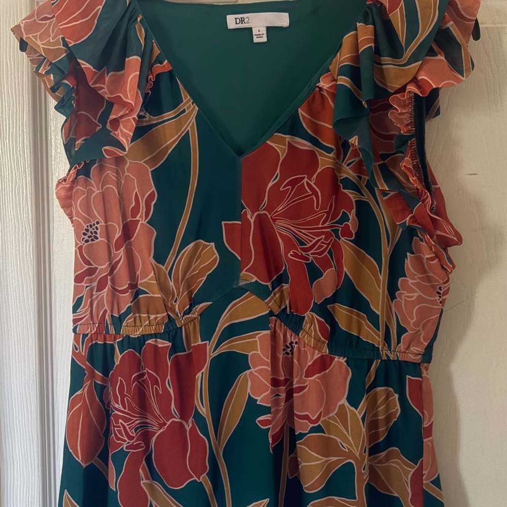 DR2 Teal Floral V-Neck shirt  with Rust & Mustard Blooms